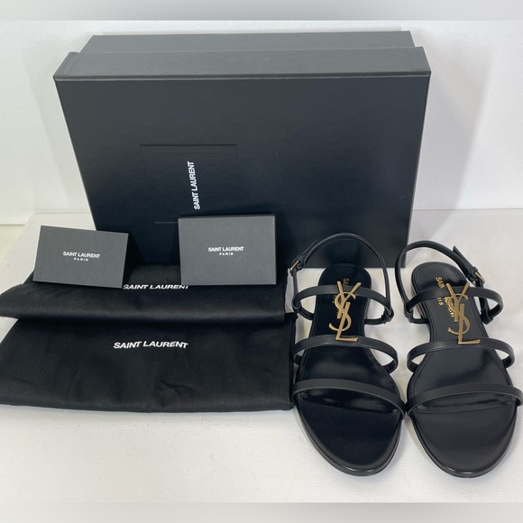 NEW SAINT LAURENT YSL BLACK LEATHER LOGO FLAT CASSANDRA SANDALS BOX 37 - Picture 3 of 11